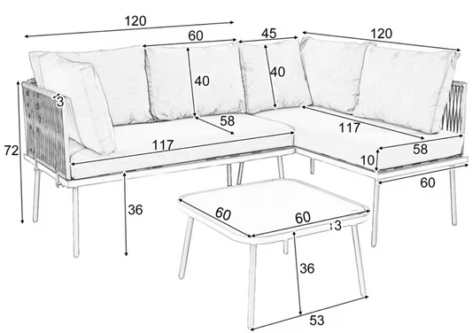 2-Zits Loungeset van Touw & Gehard Glas – Inclusief Tafel en Kussens, Met Armleuningen en Gevlochten Rugleuning, Verstelbare Pootjes