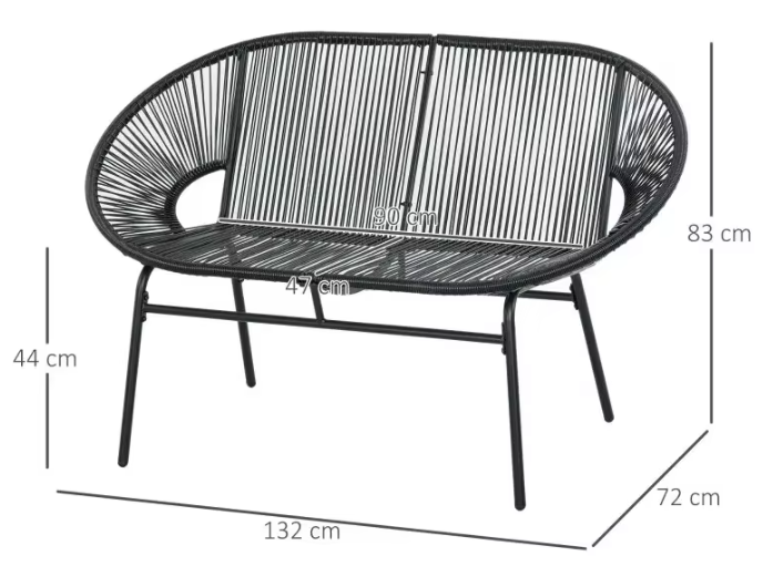 2-zits Polyrotan Tuinbank – Zwart, Stalen Frame & Handgeweven Vlechtwerk, Tot 260 kg Draagvermogen