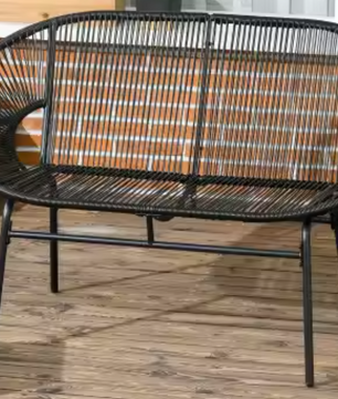 2-zits Polyrotan Tuinbank – Zwart, Stalen Frame & Handgeweven Vlechtwerk, Tot 260 kg Draagvermogen
