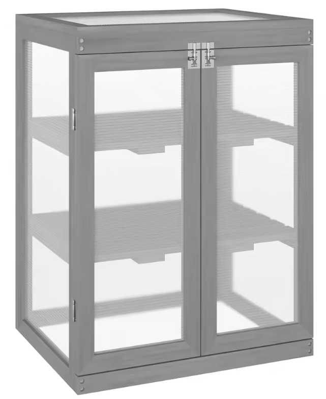 3-Laags Houten Kweekkas – Donkergrijs, Met Vouwdak & Dubbele Deuren, 58 x 44 x 78 cm