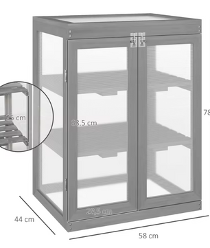 3-Laags Houten Kweekkas – Donkergrijs, Met Vouwdak & Dubbele Deuren, 58 x 44 x 78 cm