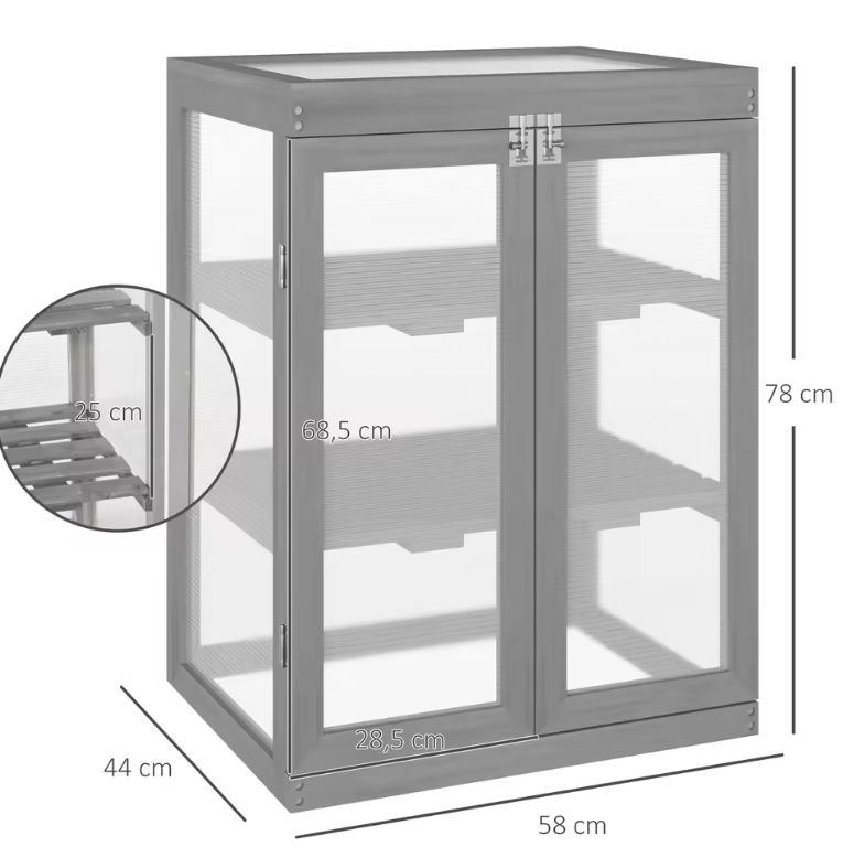 3-Laags Houten Kweekkas – Donkergrijs, Met Vouwdak & Dubbele Deuren, 58 x 44 x 78 cm