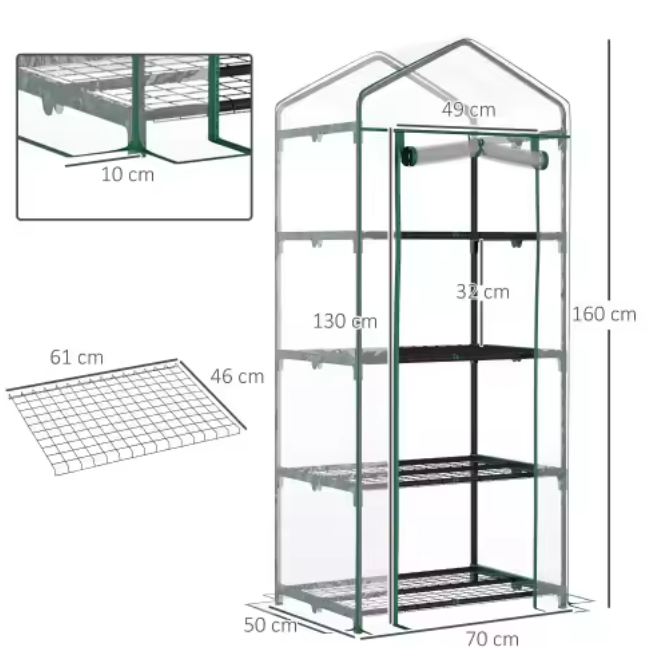 Compacte Foliekas met 4 Verdiepingen – UV-bestendige Groeikamer met Ritsdeur en Plantenplanken, 70×50×160 cm