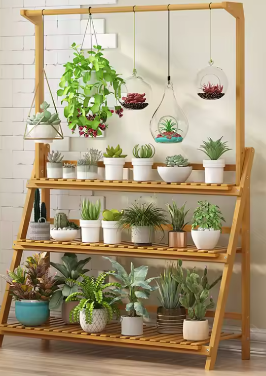 3-laags Bamboe Plantenstandaard met Ophangfunctie – Opvouwbare Ladderrek voor Binnen & Buiten