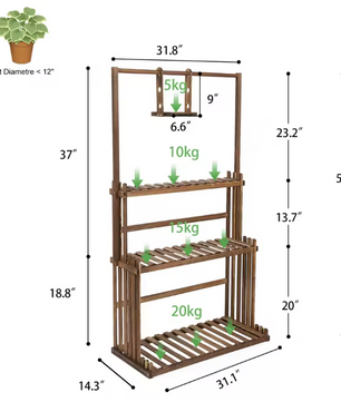 3-laags Houten Plantenstandaard met Ophangstang – Massief Dennenhout, Binnen & Buiten