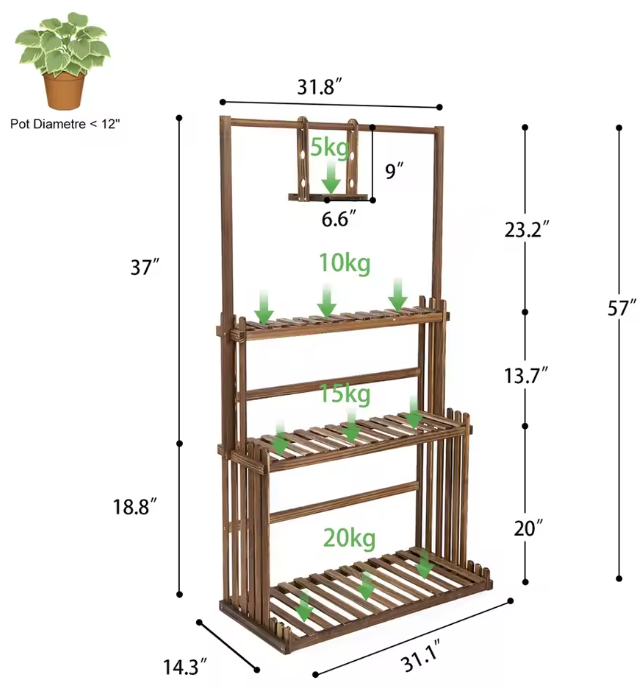 3-laags Houten Plantenstandaard met Ophangstang – Massief Dennenhout, Binnen & Buiten