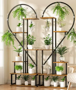 Set van 2 Halve Hartvormige Plantenstandaards – 6-Lagen Displayrek voor Binnen & Buiten, Metaal & Hout