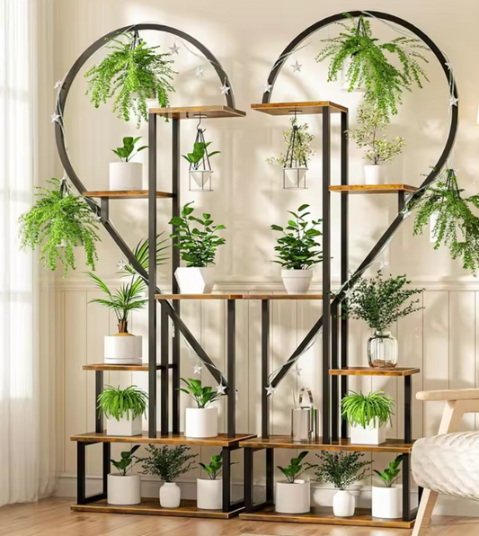 Set van 2 Halve Hartvormige Plantenstandaards – 6-Lagen Displayrek voor Binnen & Buiten, Metaal & Hout