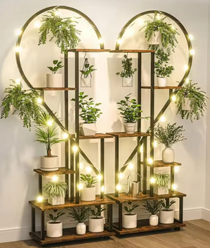 Set van 2 Halve Hartvormige Plantenstandaards – 6-Lagen Displayrek voor Binnen & Buiten, Metaal & Hout