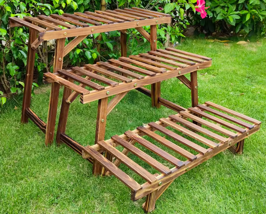 Set van 3 Houten Plantenstandaards – Laddervormig Displayrek, Grenenhout, Voor Binnen & Buiten