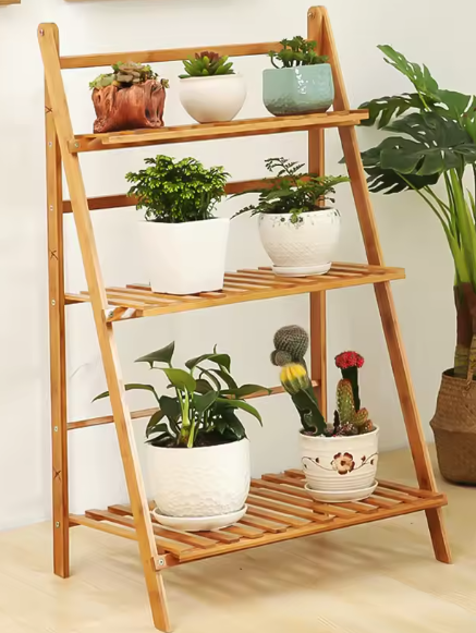Opvouwbare 3-laags Bamboe Plantenstandaard – Natuurlijk Hout, Voor Binnen & Buiten