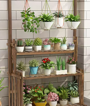Houten Plantenstandaard met Hanggedeelte – 3 Lagen & Ophangstang, Voor Binnen en Buiten