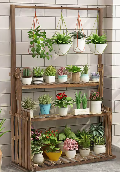 Houten Plantenstandaard met Hanggedeelte – 3 Lagen & Ophangstang, Voor Binnen en Buiten