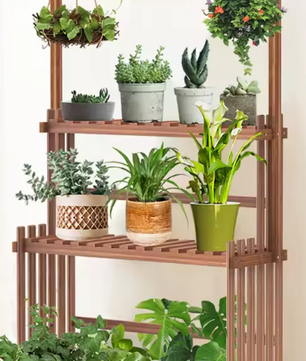 Houten Plantenstandaard met Hanggedeelte – 3 Lagen & Ophangstang, Voor Binnen en Buiten