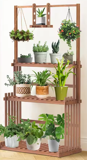 Houten Plantenstandaard met Hanggedeelte – 3 Lagen & Ophangstang, Voor Binnen en Buiten