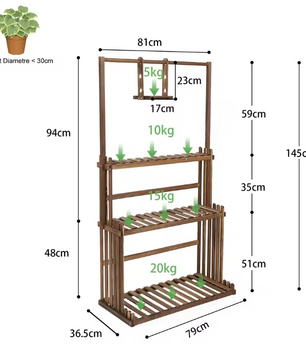 Houten Plantenstandaard met Hanggedeelte – 3 Lagen & Ophangstang, Voor Binnen en Buiten