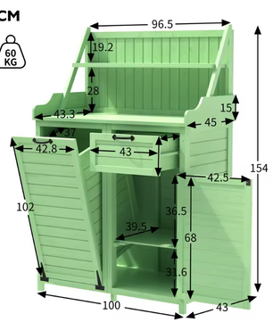 Gereedschapsschuur voor Buiten – Houten Tuinkast met Planken, Laden en Werkblad – 100x45x154 cm