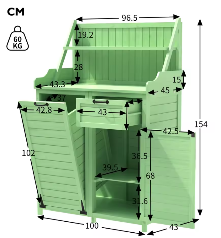 Gereedschapsschuur voor Buiten – Houten Tuinkast met Planken, Laden en Werkblad – 100x45x154 cm