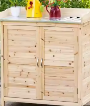 Houten Tuinkast met Werkblad en Opbergruimte – 2 Planken & Gegalvaniseerd Aanrecht – 83x40x92 cm