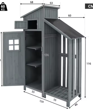 Houten Tuinkast met Dubbele Deuren – 2 Compartimenten, PVC-Dak & Waterdicht Design, 124×46×174 cm, Grijs
