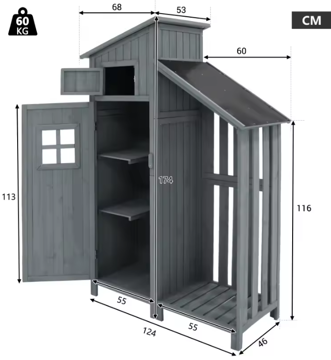 Houten Tuinkast met Dubbele Deuren – 2 Compartimenten, PVC-Dak & Waterdicht Design, 124×46×174 cm, Grijs