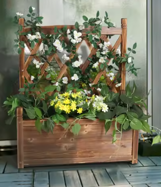 Verhoogd Tuinbed met Trellis – Houten Plantenbak met Klimrek & Opbergvak, Vrijstaand voor Buiten en Binnen