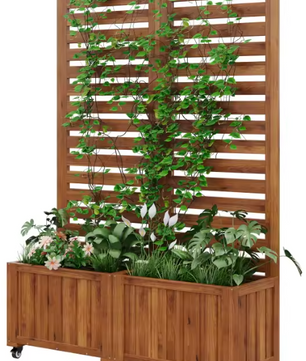 Houten Buitenplanter met Traliewerk – 2 Ruime Plantenbakken & Wielen, Ideaal voor Klimplanten