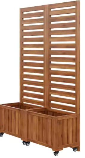Houten Buitenplanter met Traliewerk – 2 Ruime Plantenbakken & Wielen, Ideaal voor Klimplanten