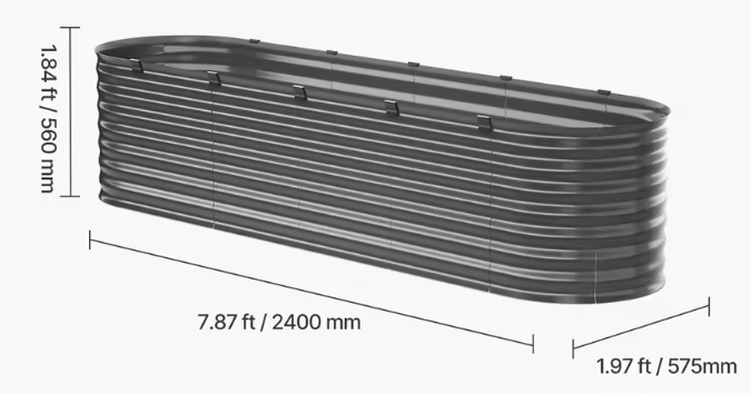 Verhoogde Metalen Tuinbak – Gegalvaniseerde Ovale Plantenbak met Open Bodem & Versteviging, 240×60×56 cm