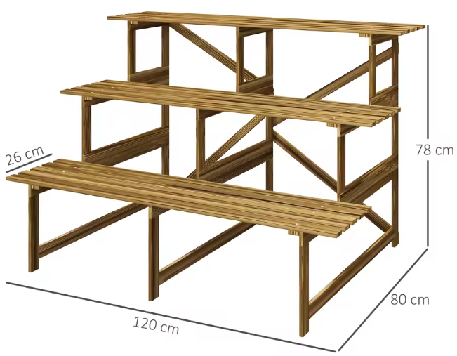 3-Laags Houten Plantenrek – Massief Dennenhout, 120×80×78 cm, Voor Binnen & Buiten