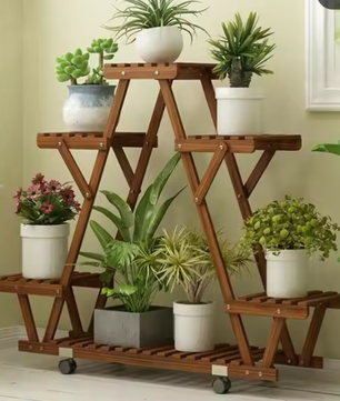 Houten Plantenstandaard met 6 Niveaus en Wielen – Gecarboniseerd Grenenhout, 91×25×81 cm, Voor Binnen & Buiten