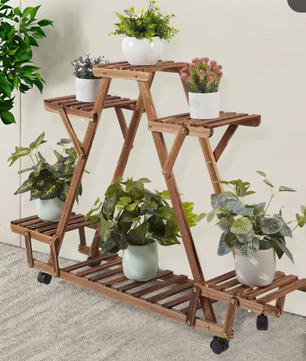 Houten Plantenstandaard met 6 Niveaus en Wielen – Gecarboniseerd Grenenhout, 91×25×81 cm, Voor Binnen & Buiten