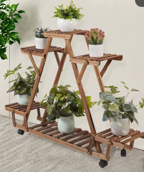 Houten Plantenstandaard met 6 Niveaus en Wielen – Gecarboniseerd Grenenhout, 91×25×81 cm, Voor Binnen & Buiten
