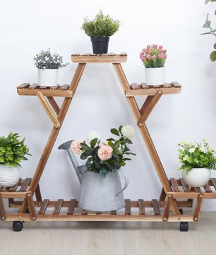 Houten Plantenstandaard met 6 Niveaus en Wielen – Gecarboniseerd Grenenhout, 91×25×81 cm, Voor Binnen & Buiten