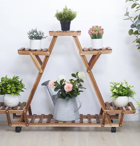 Houten Plantenstandaard met 6 Niveaus en Wielen – Gecarboniseerd Grenenhout, 91×25×81 cm, Voor Binnen & Buiten
