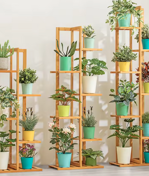 Bamboe Plantenstandaard met 5 of 6 Lagen – Meerlaagse Bloemenplank voor Binnen & Buiten, Natuurlijk Hout