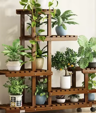 6-laags Houten Plantenstandaard op Wielen – Verticale Bonsaiplank voor Binnen & Buiten