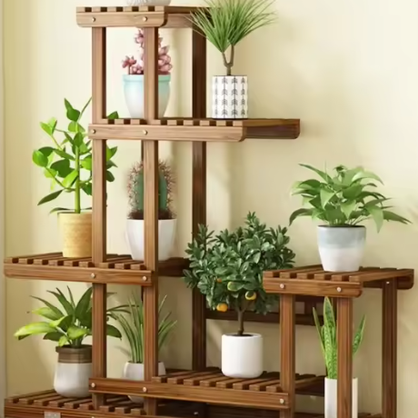 6-laags Houten Plantenstandaard op Wielen – Verticale Bonsaiplank voor Binnen & Buiten