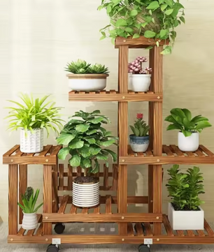 6-laags Houten Plantenstandaard op Wielen – Verticale Bonsaiplank voor Binnen & Buiten