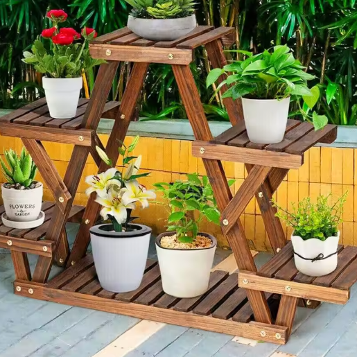 6-laags Plantenstandaard van Hout & Metaal – Compact Hoekrek voor Binnen & Buiten