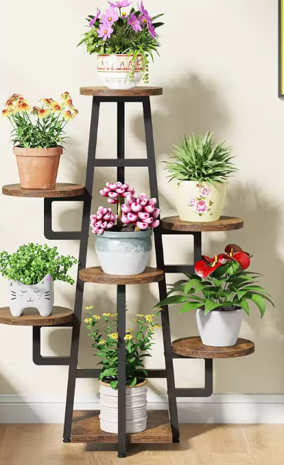 Houten Plantenstandaard met Hanggedeelte – 3 Lagen Bloemenrek voor Binnen & Buiten