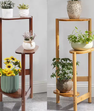 3-Laags Bamboe Hoekplantenstandaard – Ruimtebesparende Bloempotplank met Hoog-Laag Design, 32x75 cm