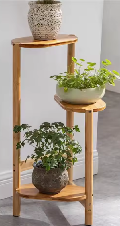 3-Laags Bamboe Hoekplantenstandaard – Ruimtebesparende Bloempotplank met Hoog-Laag Design, 32x75 cm