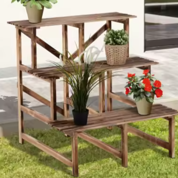 3-Tredige Bloemenstandaard van Grenenhout – Massief Houten Plantenrek voor Tuin, Balkon & Terras, 80x80x78 cm