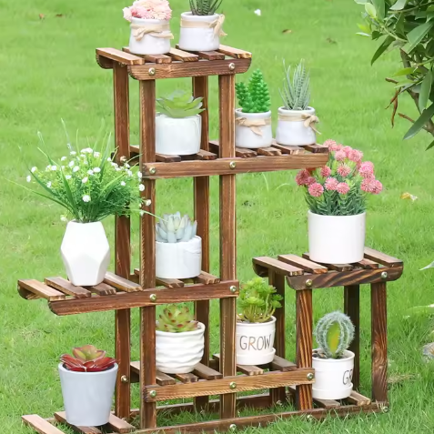 Plantenstandaard van Grenenhout – Compact Displayrek voor Binnen & Buiten, 3-Laags, 60x11,5x61,5 cm