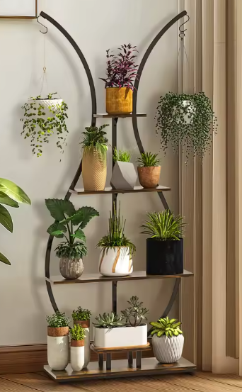 Hoge Vaasvormige Plantenstandaard – 5-Laags Metalen Displayrek met Hangers, 181 cm Hoog