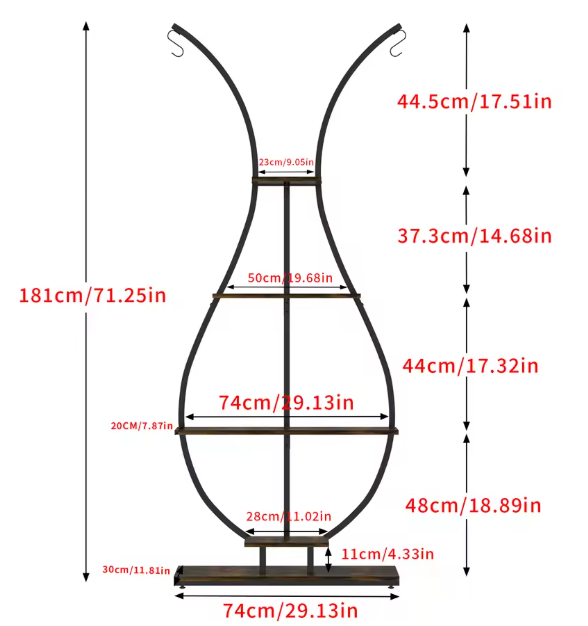 Hoge Vaasvormige Plantenstandaard – 5-Laags Metalen Displayrek met Hangers, 181 cm Hoog