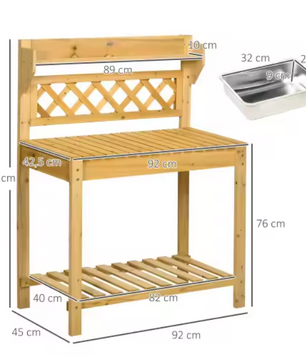Tuintafel met Uitschuifblad & Spoelbak – Plantenrek met 2 Planken, 92x45x120 cm