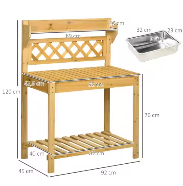 Tuintafel met Uitschuifblad & Spoelbak – Plantenrek met 2 Planken, 92x45x120 cm