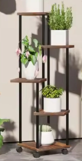 Plantenstandaard op Wielen – 5-Laags Stalen Bloemenrek met Houten Legplanken, 110 cm Hoog